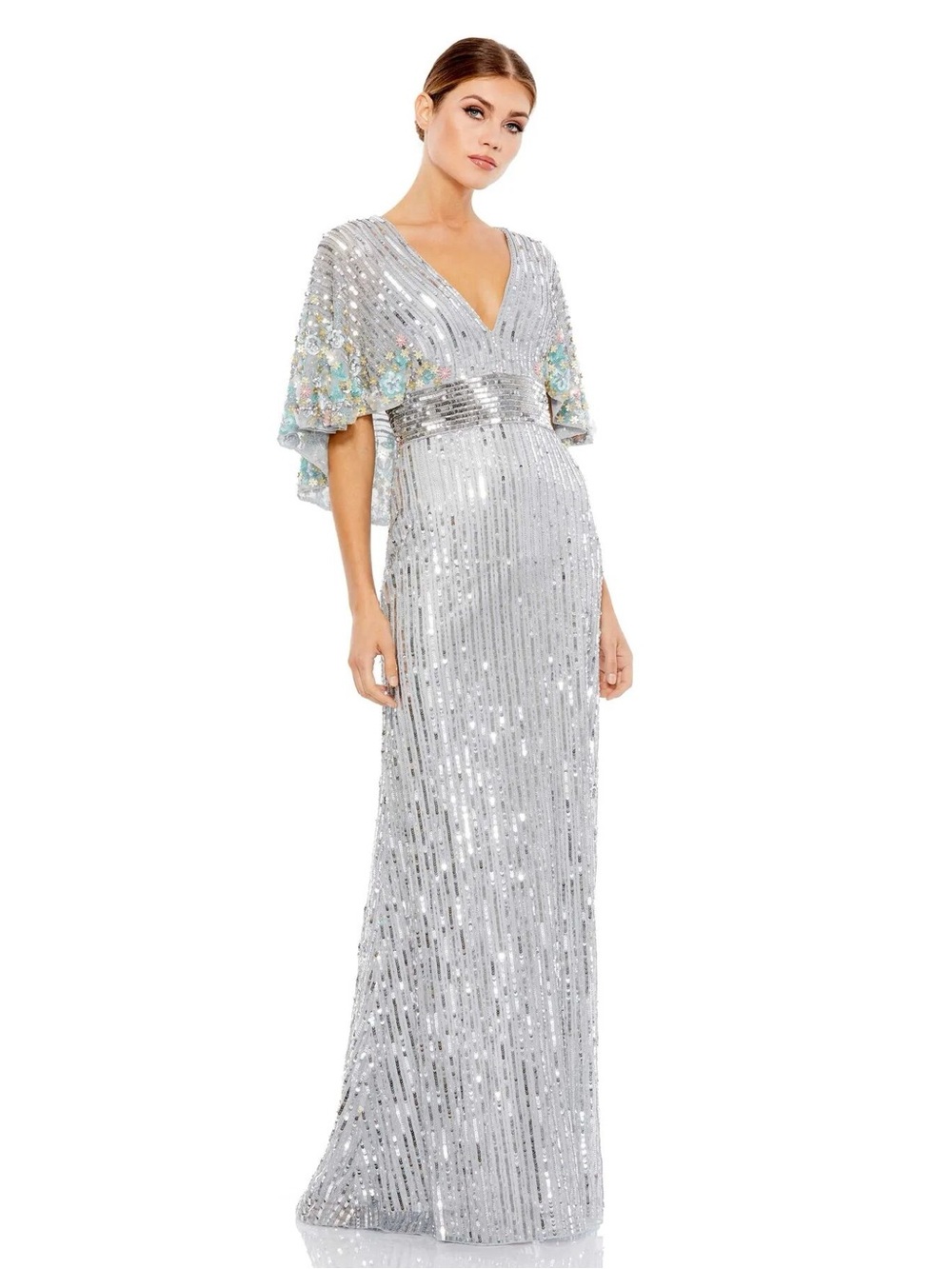 Mac Duggal 5221 Sequined V Neck Floral Embellished Cape Sleeve Gown Size 22 NWT